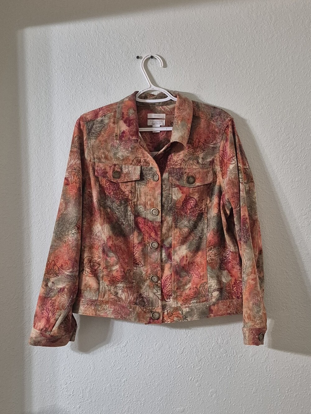 Christopher & Banks Floral-Print Jean Jacket in Coral and Olive